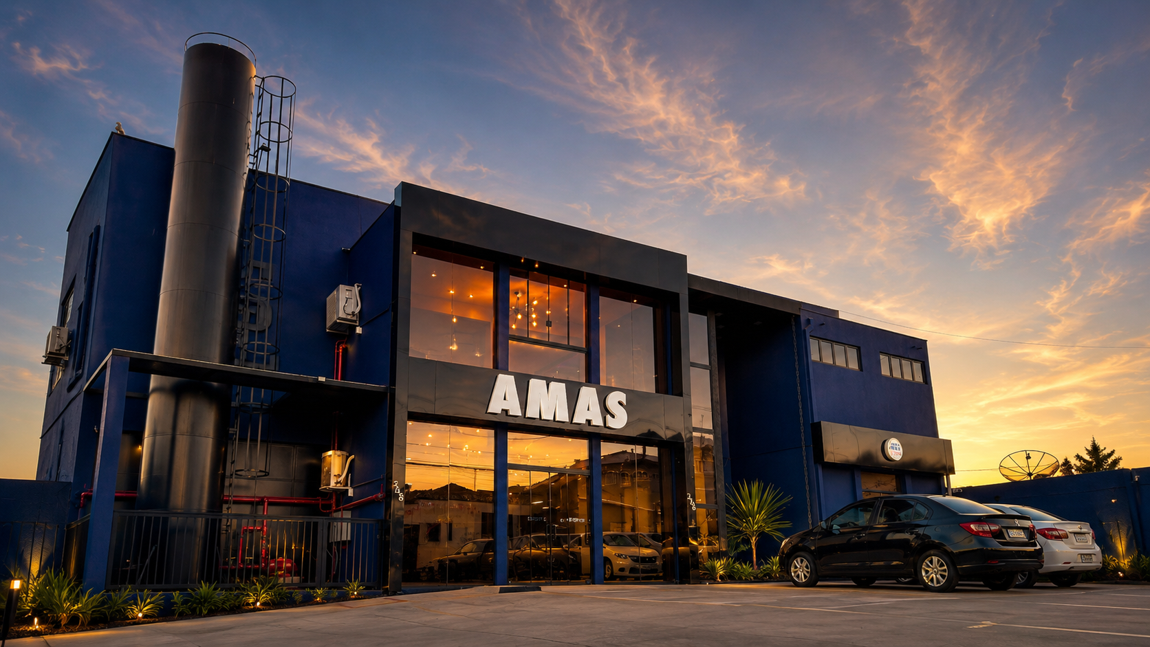 Fachada da sede do Grupo AMAS ao pôr do sol